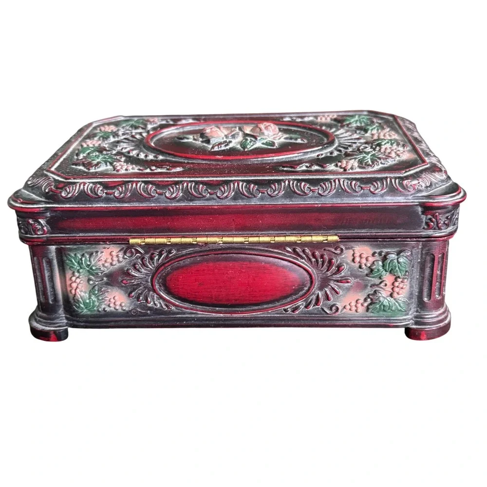Vintage Style Burgundy Rose and Grapevine Relief Celluloid Jewelry Box